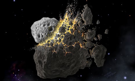 An artist’s impression of the giant asteroid collision near Mars that is believed to have taken place about 470 million years ago, producing dust that led to an ice age on Earth.