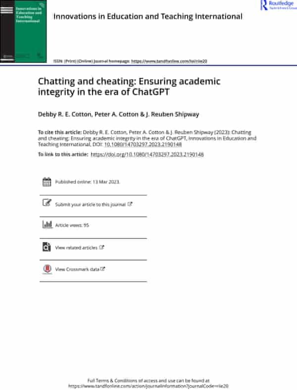 The peer-reviewed academic paper that was written by a chatbot appeared this month in the journal Innovations in Education and Teaching International.