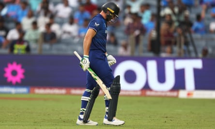 Jos Buttler of England makes his way off after being dismissed against the Netherlands