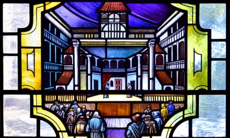 A stained glass window in St Giles' Cripplegate church, London, showing the Fortune Theatre. 