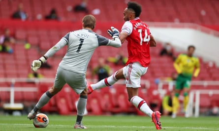 Tim Krul sees his clearance blocked by Aubameyang for Arsenal’s first goal