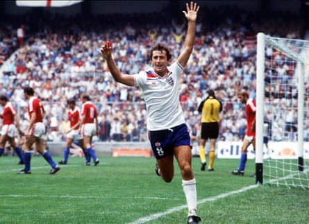 Trevor Francis celebrates after scoring for England against Czechoslovakia at the 1982 World Cup.