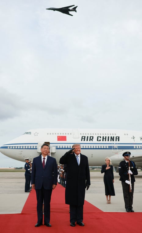 Donald Trump flinched during a flyover by a B-1 jet bomber on the red carpet with China’s president, Xi Jinping, during an arrival ceremony on 23 September 23 at Joint Base Andrews, Maryland.