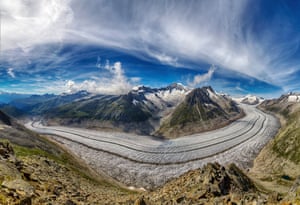 Aletsch Glacier, SwitzerlandThe largest glacier in Europe is 23km long and covers an area of about 80 sq km. It is formed by the merger of four smaller glaciers that originate on the southern flanks of the Jungfrau and Monch mountains.
