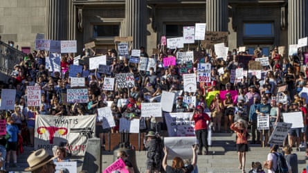 Protesters upset with the overturning of Roe v Wade gathered on the Idaho Capitol steps.