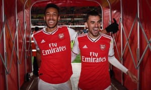 Pierre-Emerick Aubameyang and Dani Ceballos celebrate after Arsenal’s win against Everton