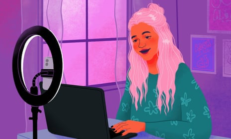 illustration of teenage girl influencer filming at laptop behind ring light