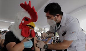 A young woman wears a chicken mask on the esplanade of the Municipal Palace of Nezahualcóyotl, State of Mexico, while receiving the first dose of the Sinovac biological vaccine against Covid-19.