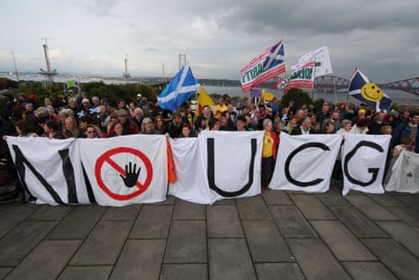 A 2015 rally against underground coal gasification at Forth Road Bridge, Firth of Forth, Scotland.