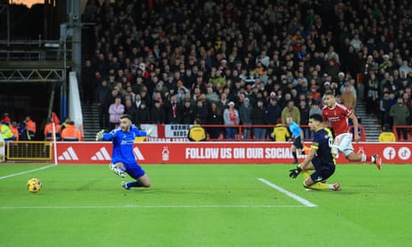 Dominic Solanke scores his, and Bournemouth’s, second goal at Nottingham Forest.