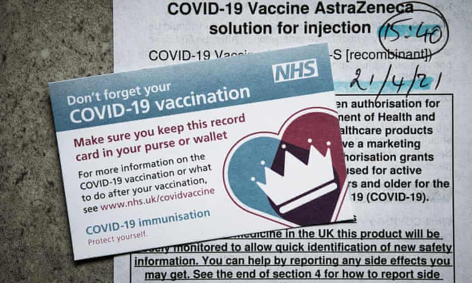 An NHS Covid vaccination record card, used to log details of vaccinations given.