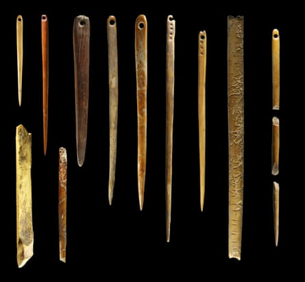 Walrus ivory needles found at the Yana Rhinoceros Horn archaeological site in Siberia.