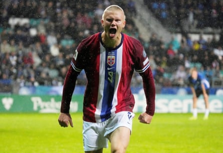 Erling Haaland celebrates scoring for Norway in one of their friendlies