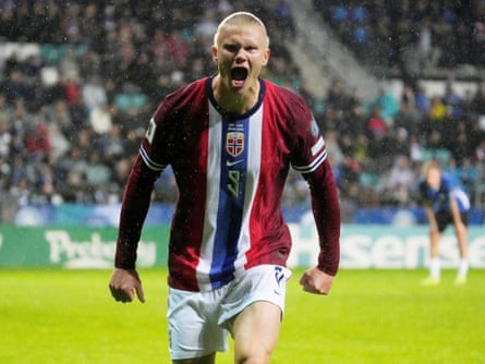 Erling Haaland reacts after putting Norway ahead in Estonia.