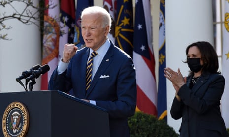 Joe Biden speaks about the American Rescue Plan in the Rose Garden of the White House.