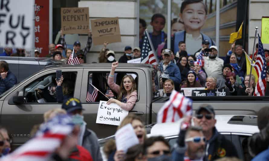 Protesters demonstrate at the state capitol in Harrisburg, Pennsylvania. Across the country, the protesters who became the faces of the race to reopen have been mostly white.