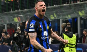 TOPSHOT-FBL-EUR-C1-INTER-ATLETICO-MADRID<br>TOPSHOT - Inter Milan's Austrian forward #08 Marko Arnautovic celebrates after scoring the team's first goal during the UEFA Champions League last 16 first leg football match Inter Milan vs Atletico Madrid at the San Siro stadium in Milan on February 20, 2024. (Photo by GABRIEL BOUYS / AFP) (Photo by GABRIEL BOUYS/AFP via Getty Images)