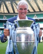 Saracens’ chairman, Nigel Wray, celebrates with the Premiership trophy in June 2019
