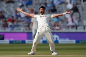 England’s James Anderson appeals for the wicket of New Zealand’s Devon Conway.