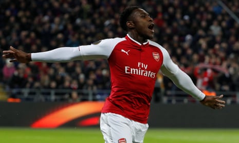 Danny Welbeck celebrates scoring Arsenal’s first goal against CSKA in Moscow