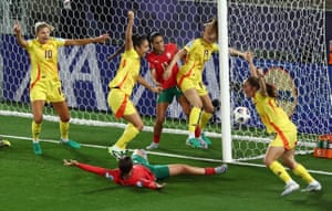 Belgium’s Amber Tysiak celebrates scoring their 2nd ‘goal’ against Portugal, earlier it is disallowed aft a VAR review, during their Group B lucifer astatine Stade de Tourbillon