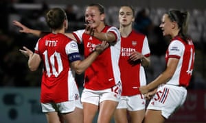 Arsenal’s Kim Little celebrates scoring their first goal with Frida Maanum.