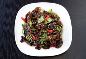 ‘Both slippery and crunchy’: black fungus salad with chilli and sesame oil.