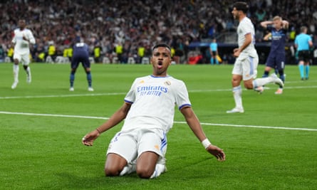 Rodrygo savours the moment after scoring the goal that forced extra time against Manchester City in 2022.
