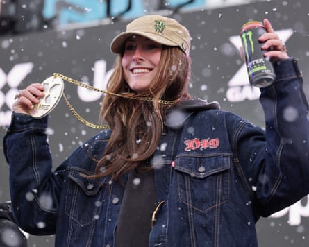 Snowboarder Mia Brookes with her slopestyle gold medal in Aspen.