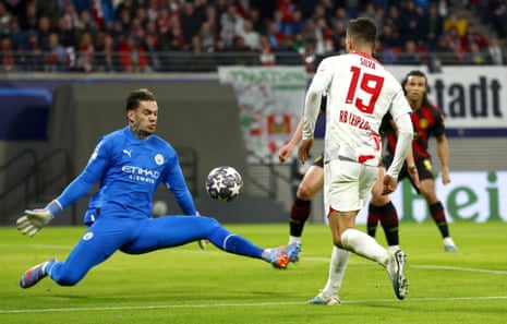 Andre Silva with a chance for Leipzig as they put City under pressure.