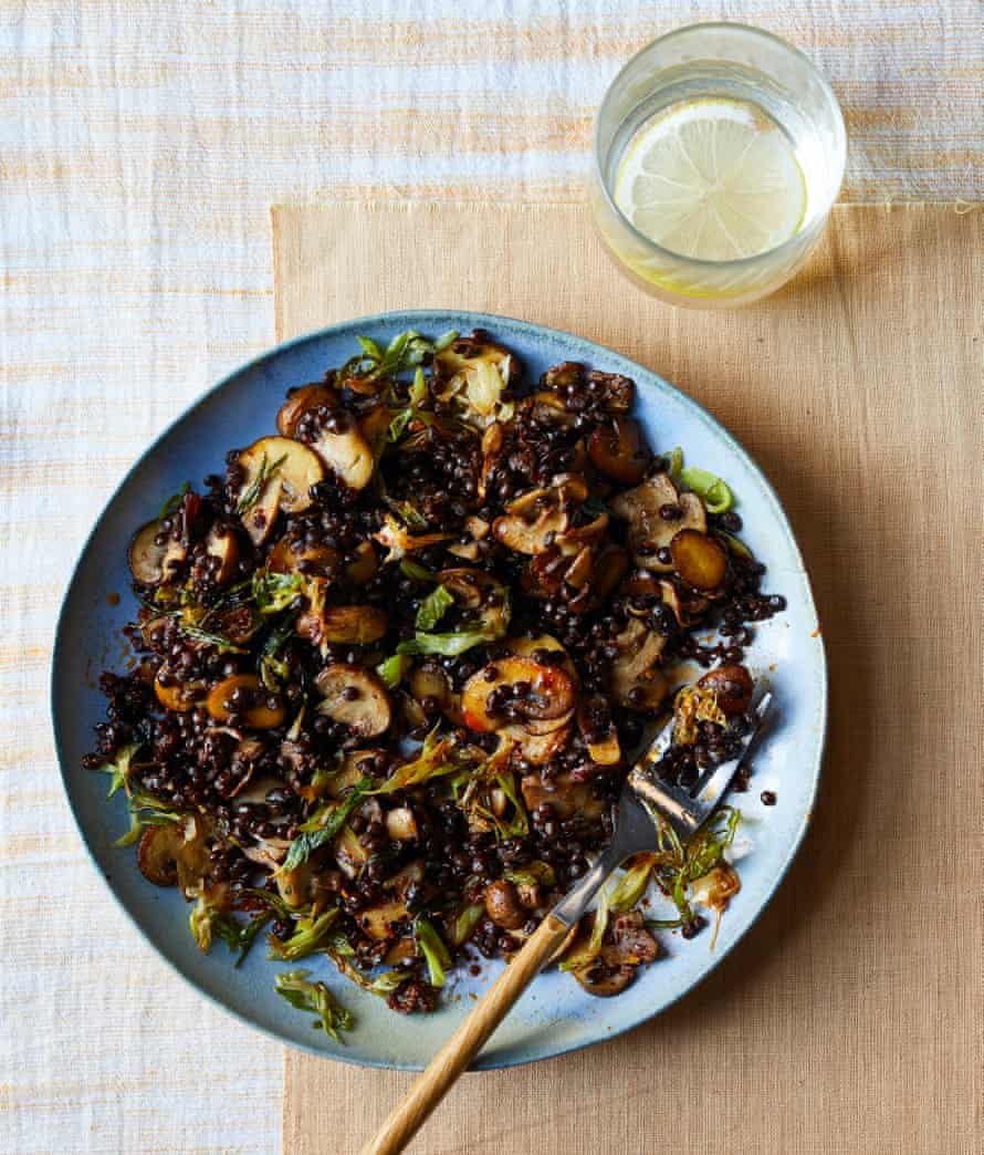 Funky funghi … Tamal Ray’s black lentils with miso, mushrooms and spring onions.