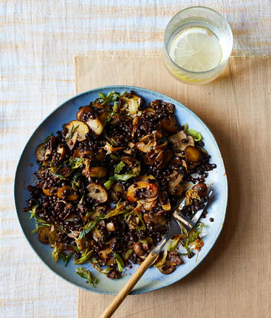 Funky funghi… Tamal Ray black lentils with miso, mushrooms and chives.