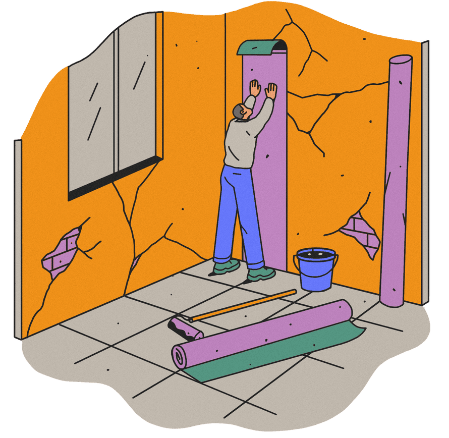 illustration of man putting up wallpaper over cracked wall