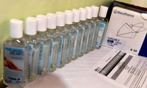 Bottles of alcohol gel hand sanitiser at the hospital screening unit of the CHU Pellegrin in Bordeaux, southwestern France.