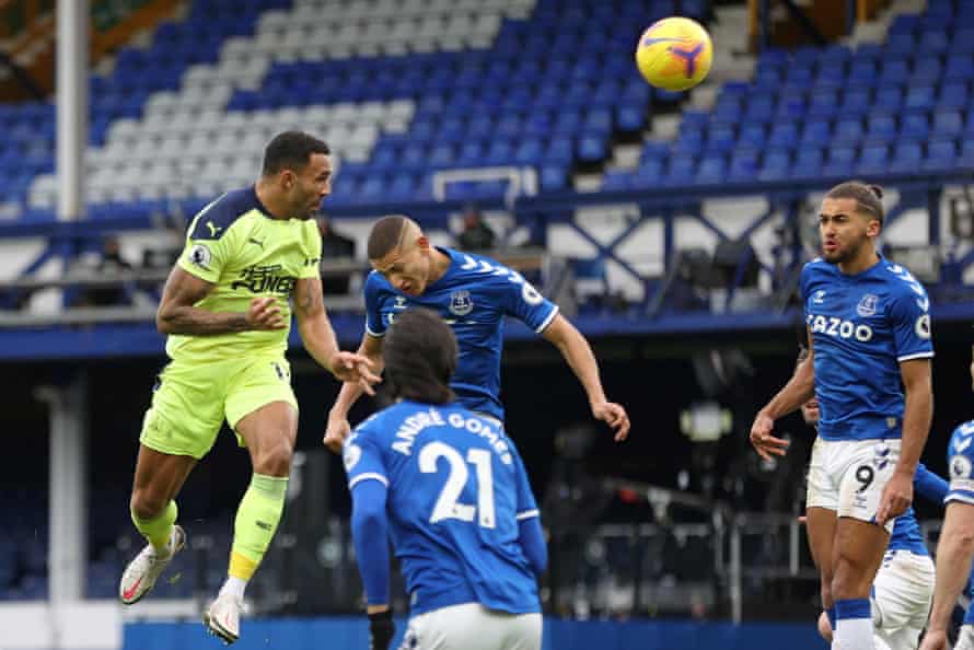 Callum Wilson rises highest to head in Newcastle’s opening goal.