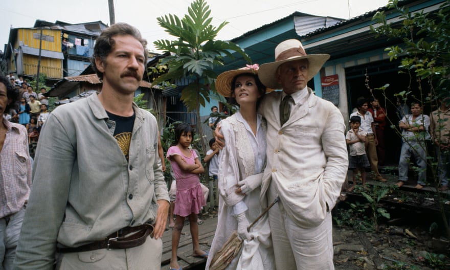 Herzog (left) with actors Klaus Kinski and Claudia Cardinale on the set of Fitzcarraldo.