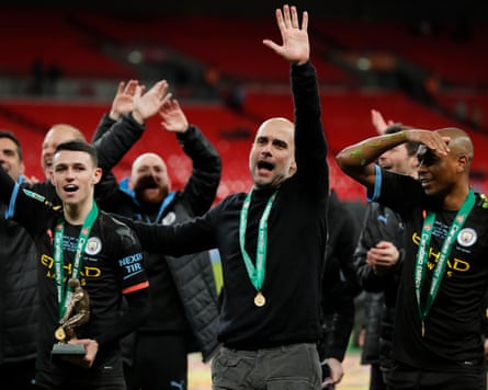 Pep Guardiola, Phil Foden and Fernandinho.