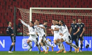 Luka Jovic of Serbia celebrates his sides last minute equaliser.