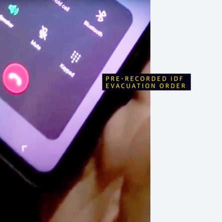 Video of the Israeli pre-recorded evacuation order playing on a mobile phone