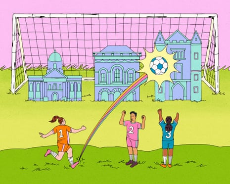 A soccer player kicks a ball into a goal, hitting university-like buildings placed inside the net