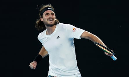 Stefanos Tsitsipas celebrates during his gruelling five-setter against Jannik Sinner.