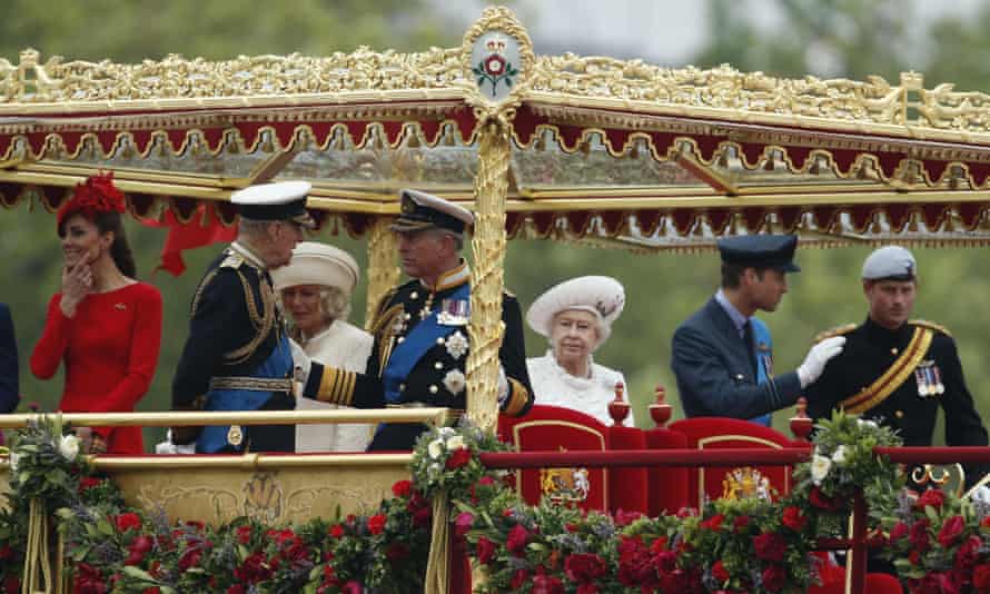 The Duke of Edinburgh, second from left, with members of the royal family during the diamond jubilee pageant on the River Thames, June 2012.