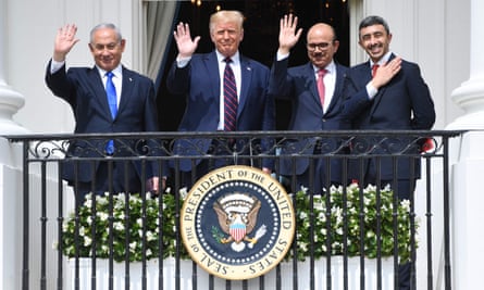 Israeli prime minister Benjamin Netanyahu, US president Donald Trump, Bahrain’s foreign minister Abdullatif al-Zayani and UAE foreign minister Abdullah bin Zayed Al Nahyan at the White House after the signing of the Abraham accords, 15 September 2020