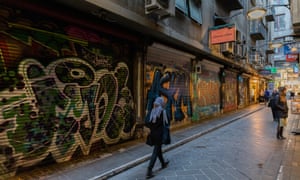 Closed cafes along the usual busy and popular Degraves Street Laneway in locked-down Melbourne.