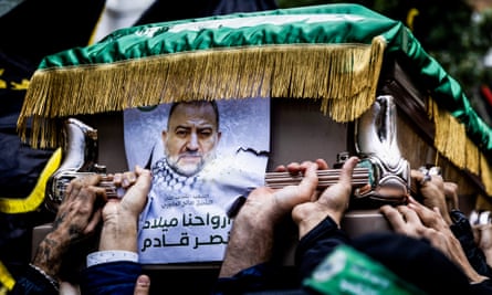 People carry the coffin of Saleh al-Arouri, Hamas’s deputy political leader, after he was killed by a drone strike in Beirut on 2 January.