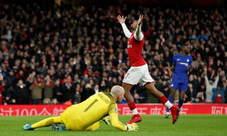 Arsenal’s Alex Iwobi reacts after having a shot saved by Chelsea’s Willy Caballero.