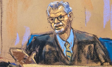 Justice Juan Merchan presides during former president Donald Trump’s criminal trial on charges that he falsified business records to conceal money paid to silence porn star Stormy Daniels in 2016, in Manhattan state court in New York City, U.S. May 2, 2024 in this courtroom sketch.