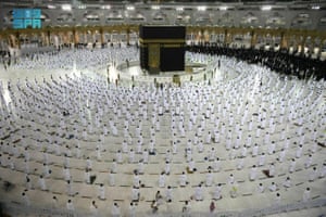 Mecca, Saudi ArabiaMuslims, maintaining social distancing, perform late night prayers on the night of 27th Ramadan in the Grand Mosque during the holy month of Ramadan, in the holy city