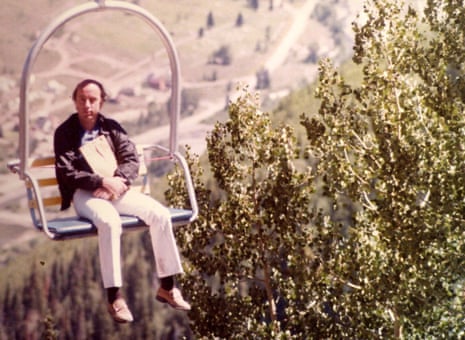 Tom Luddy in Telluride, riding the chairlift that transports people up and down the mountain.
