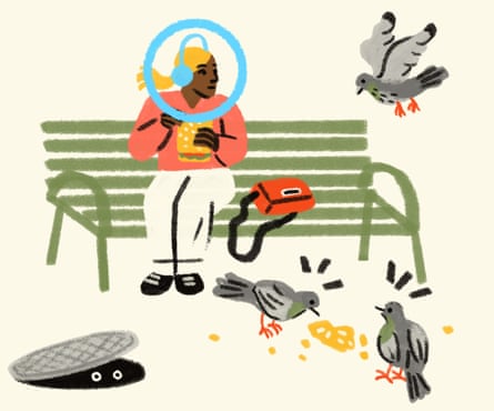 Illustration: woman, bench, pigeons
